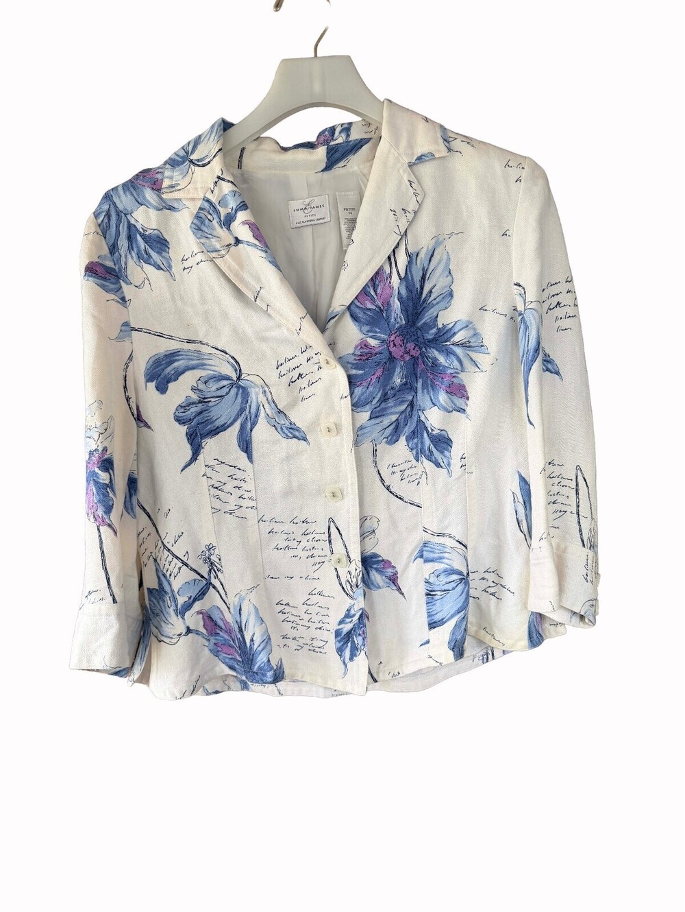 Emma James Petite Linen Floral Script Print Blazer 3/4 Sleeve Cropped 14P